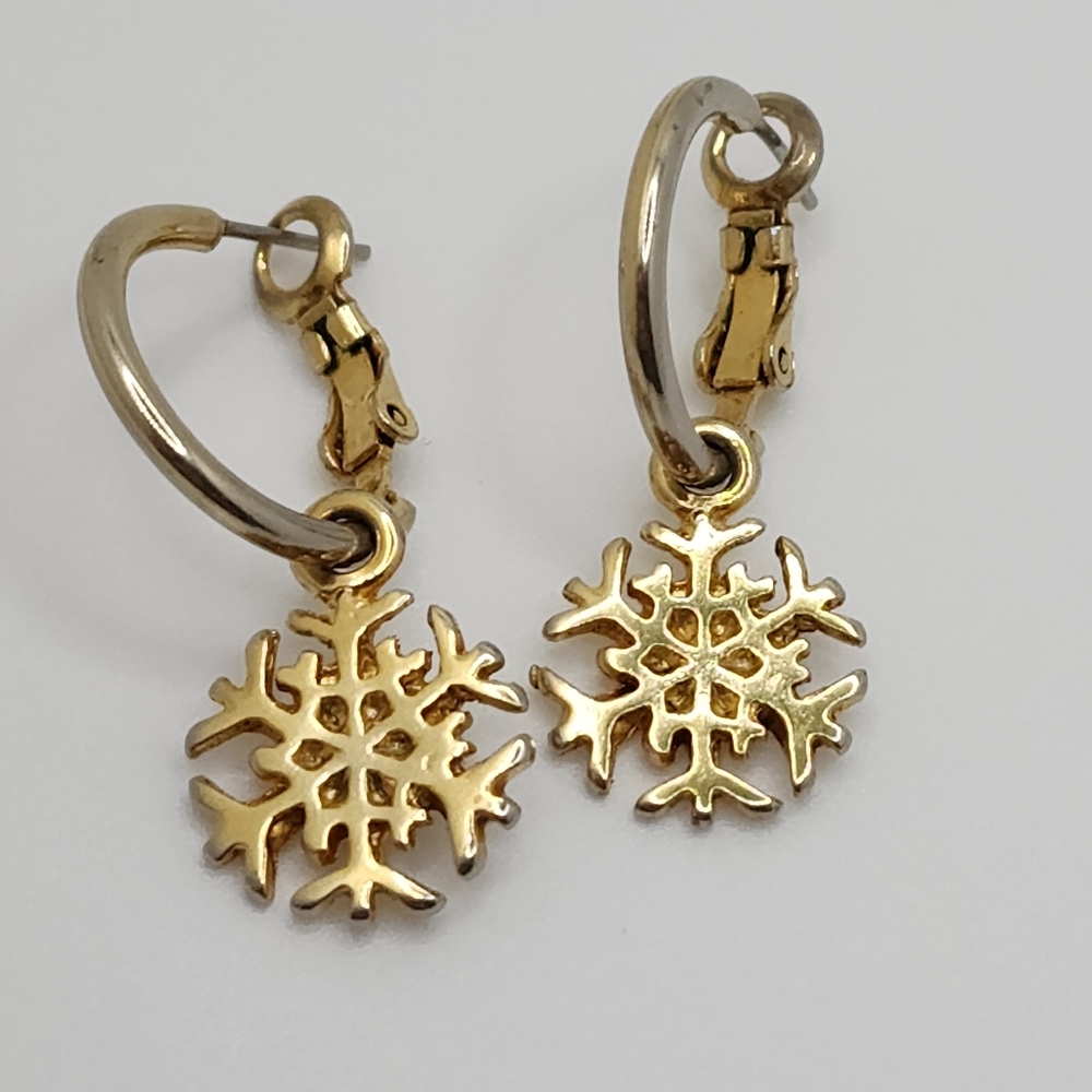 Snowflake Dangle Hoop Gold Tone Earrings